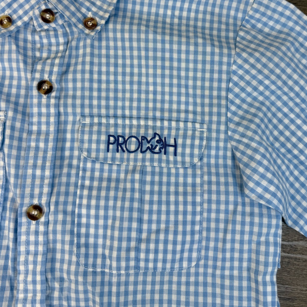 ProDoh Boys Light Blue White Gingham Button Down Fishing Shirt, size Med (10-12) - Picture 2 of 6